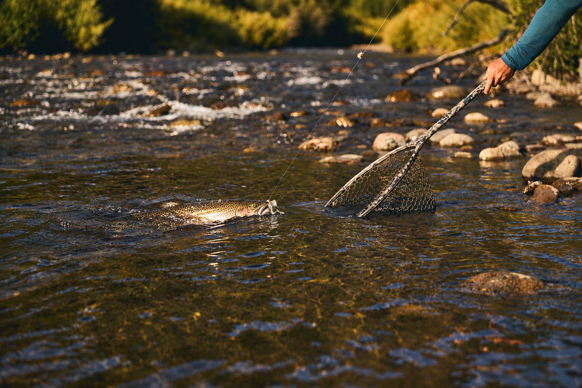 A fly fisherman's hand holding a landing net over the Big Wood  River, with a trout jumping in the water. The background shows a blurred natural forest setting with warm golden sunlight.