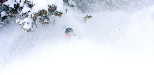 A man wearing Steely Zips Rocky Mountain Grid fleece under his ski jacket skiing through deep powder with trees covered in snow in the background